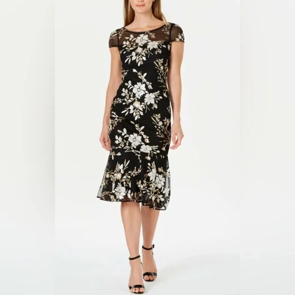 Calvin Klein | Dresses | Calvin Klein Black Gold Floral Sequin Lace  Cocktail Party Dress Midi Trumpet Hem | Poshmark